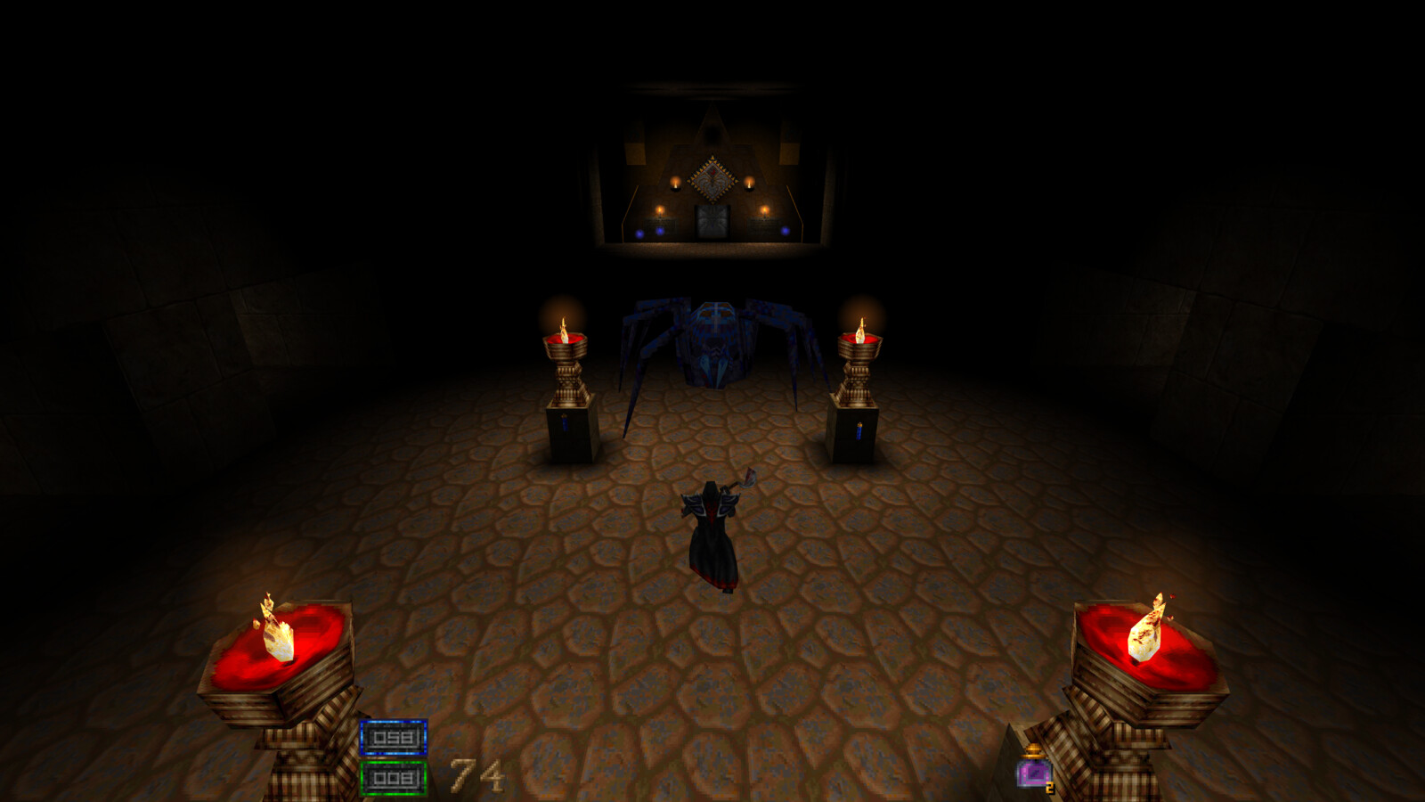 A Hexen II necromancer facing a giant spider in a torchlit stone chamber, rendered by Hexenwail.